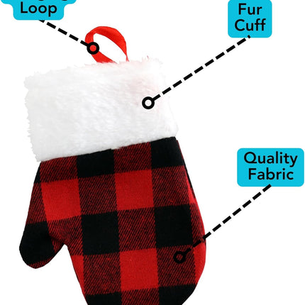 Iconikal Buffalo Plaid Mini Mitten Christmas Stockings 24 Pack, Festive Holiday Decor for Tree, Wreath, Mantle - Seasonal Xmas Stocking Ornaments