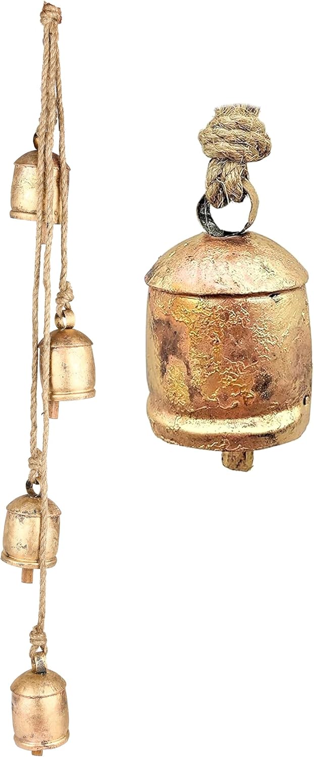 Giant Cow Bells Set Rustic Vintage Lucky Harmony Cow Bells On Rope, 4 Inch 4 Bells Cluster Wall Hanging Décor Harmony Bells, 36 Inch Long Hanging Bell Set