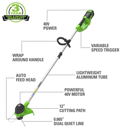 Greenworks 40V (550 CFM / 130 MPH) Brushless Axial Leaf Blower 4Ah USB Battery and Charger with 40V String Trimmer