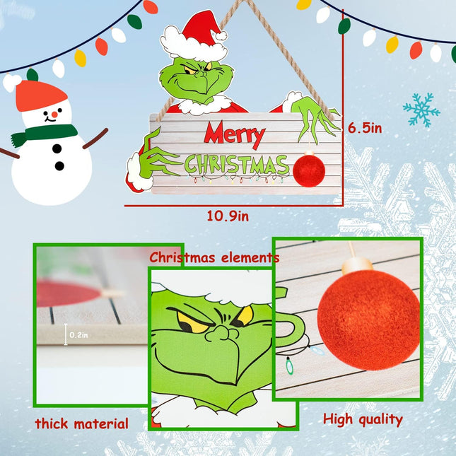 Grinch Christmas Decorations Hanging Sign,Door Decorative Signs for Front Door,Yard Porch Wall Window Kid's Room Decoration Supplies