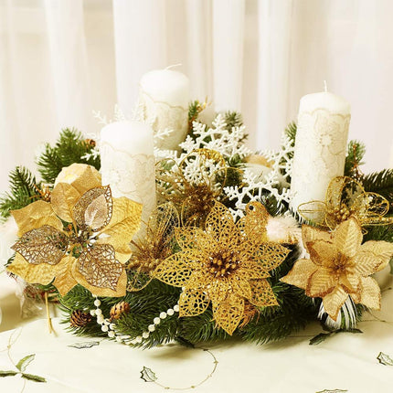 24 Set 3 Styles Christmas Gold Glitter Poinsettia Flowers Picks Christmas Tree Ornaments for Gold Christmas Tree Wreaths Garland Holiday Seasonal Wedding Decorations White Box Included