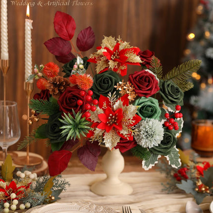 Christmas Artificial Flowers Poinsettia Christmas Flower Mix Silk Flowers Fake Roses with Stems for DIY Table Centerpieces Christmas Tree Xmas Wreath Holiday Home Party Decor