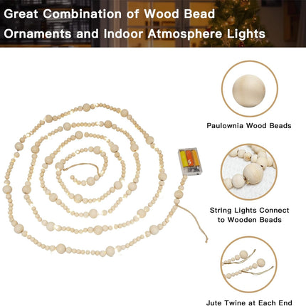 11.8 Feet Christmas Garland Christmas Tree Decorations, Boho Decoration Hanging Wooden Bead String Light, Bead Ornament String Garland for Christmas Thanksgiving Fireplace Mantel Birthday Party Decor