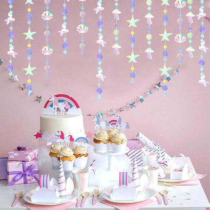 Iridescent Mermaid Birthday Party-Decorations Garland - 40FT Euphoria Under The Sea Jelly Fish Favors,Seashell Starfish Hanging Streamers Swirl,Little Mermaid Baby Shower Banner Decor Panduola