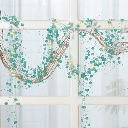 20 Feet Beach Decor Set Diamond Beaded Starfish Garland Christmas Decoration Natural Fish Net Coastal Beach Garland with White Starfish for Xmas Tree Wedding Supplies (Starfish and Light String)