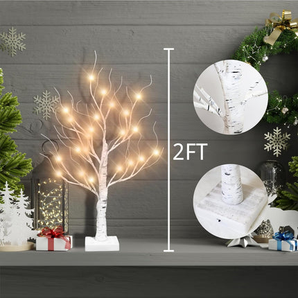 Zcdl White Birch Tree - 2FT 24 LED Birch Tree with Lights, Flexible Branches and Timer, Warm White Lighted White Tree, Tabletop Christmas Tree for Home Christmas Halloween Party Decorations (1 Pack)