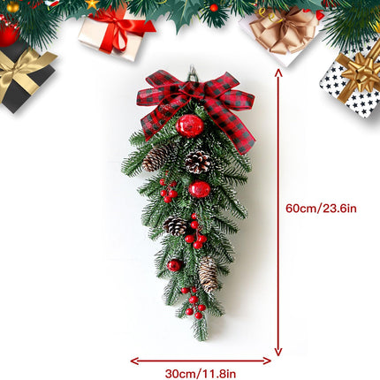 Christmas Teardrop Swags, 23.6 inch Cedar Swag with Bowknot, Red Berries and Pinecone, Winter Pine Needles Swag Greenery for Wall Xmas Table Door Deco