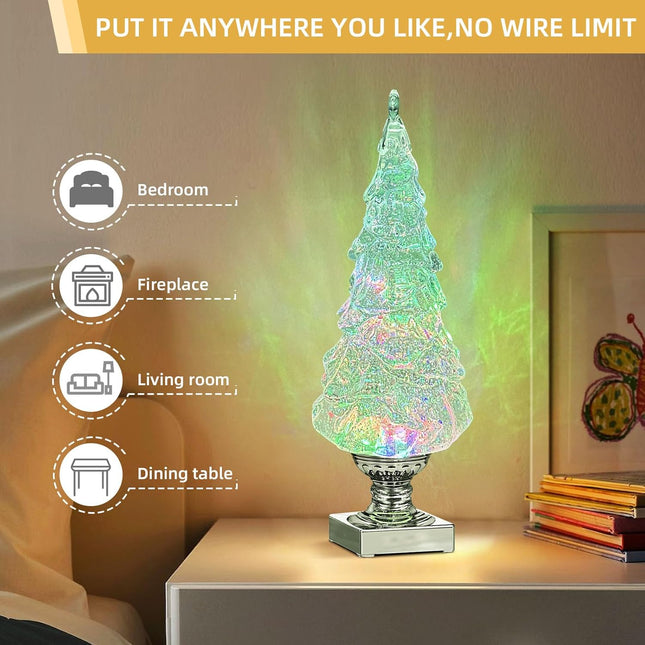 1PC Lighted Christmas Tree,13.9 Inch Tabletop Christmas Tree Lamp, Colorful Lighted Swirling Snow Glitter Tree-Timer- Top Star-Light up Valentines/Christmas Decorations