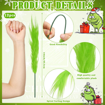 Civaner 12 Pcs Green Christmas Tree Topper 14'' Green Furry Stems Lime Green Curly Picks Stems Christmas Ornaments Picks for Xmas Tree Topper Home Vase Fillers Decorations