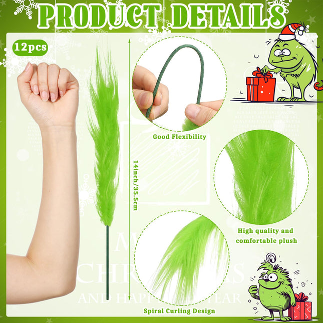 Civaner 12 Pcs Green Christmas Tree Topper 14'' Green Furry Stems Lime Green Curly Picks Stems Christmas Ornaments Picks for Xmas Tree Topper Home Vase Fillers Decorations