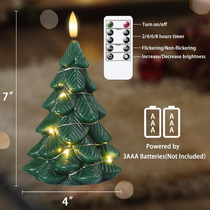 Flameless Flickering Remote Christmas Tree Shaped Candles with Light Strings, 4" x7" LED Battery Operated Green Handmade Carved Wax Timer 2 Pack Candles for Xmas Eve, Year, Christmas