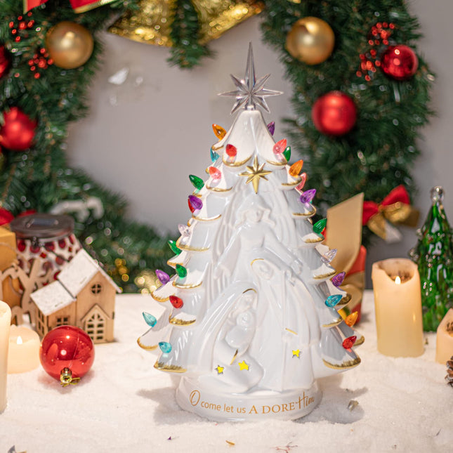 Bdor White Ceramic Christmas Tree, 14.6" Vintage Ceramic Christmas Tree with Sculpted Nativity Scene Figures, with Multi-Color Lights, Light up Christmas Tree for Home Decor