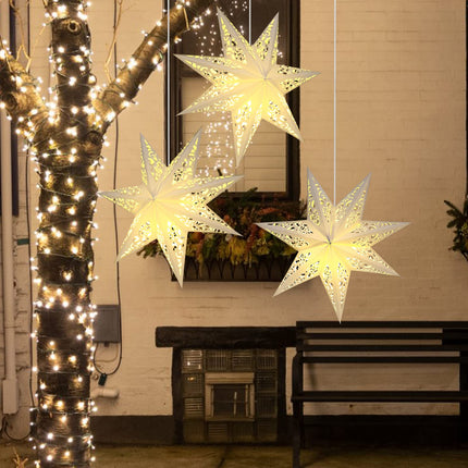 3 Pcs Christmas 20 Inch Paper Star Shaped Lantern Decorative 7 Point White Paper Lanterns with 6 Pcs Lights LED Hanging Hollow out Star Lampshade for Ceiling Indoor Outdoor Window Wedding Decorations