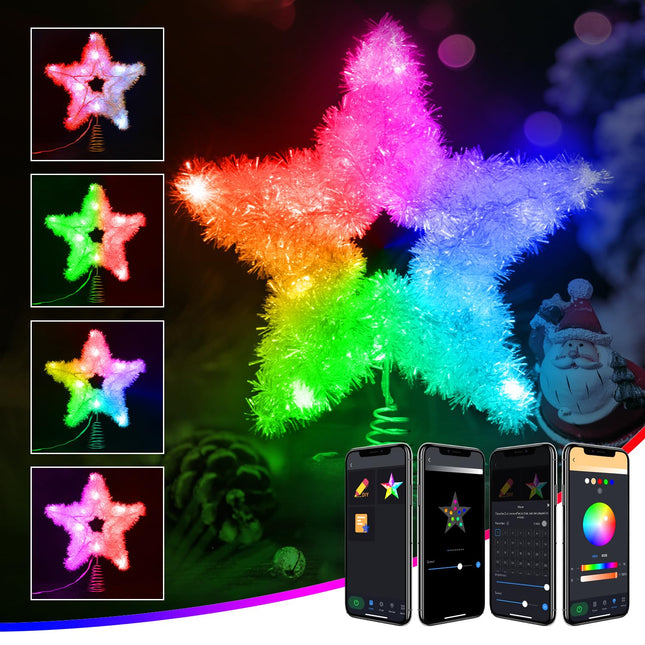 Aoycocr Smart Christmas Tree Topper, 10” Rainbow Lacquer Star Tree Topper, Static Dynamic Modes, RGB Color Changing, USB Powered, 15 LEDs Xmas Tree Toppers for Christmas Tree Decor