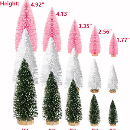 Yahpetes Artificial Mini Christmas Trees, 30 Pcs Sisal Snow Pines in 5 Sizes, Crafting Displaying Decoration, Tabletop Xmas Tree for Home, Party (Pink/White/Green)