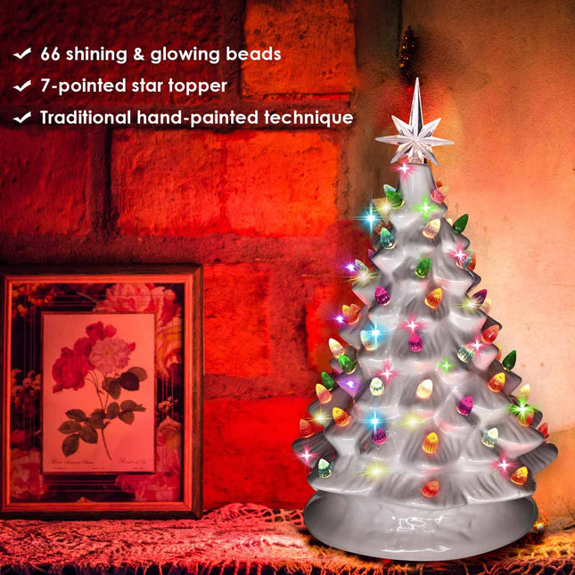 GIVERARE 15" Ceramic Christmas Tree, Pre-Lit Hand-Painted Tabletop Xmas Decor with 66 Multicolored Lights &Top Star, Vintage Retro Centerpiece for Holiday, Party Supplies Ornaments-White