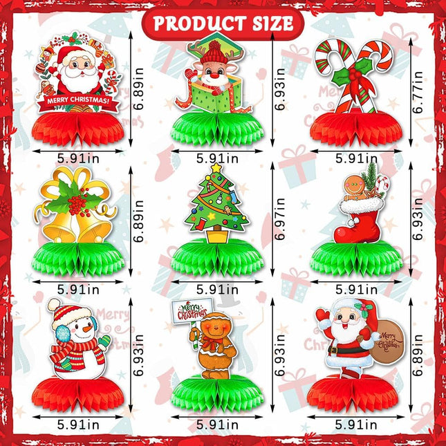 9PCS Christmas Tree Honeycomb Table Decorations for Home Party Christmas Gingerbread Man Snowman Santa Candy Cane Table Topper Centerpiece Decoration for Table Decor Christmas Party Supplies
