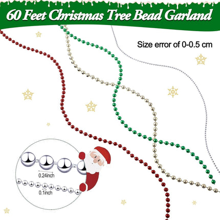 Waydress 15 Feet Christmas Tree Garland Beaded Garland Artificial Pearls Tinsel Beads Garland Red, Green, Gold Silver Twisted Beads Garland for Xmas Party Fireplace Wreath Decor(4 Sets,15 Feet)