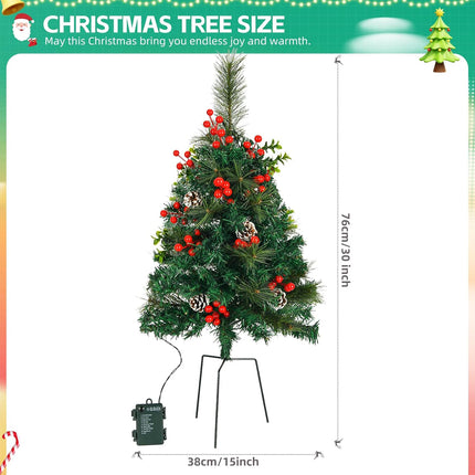 2 Pack 30 Inch Pre-Lit Pathway Christmas Trees, Artificial Christmas Tree Decorations with 50 LED Lights for Porch, Driveway, Yard, Garden, Battery Operated Holiday Decor with Red Berries, Pine Cones