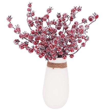 Kesywale 12Pcs Artificial Snowy Red Berry Picks Stems Christmas Frosted Holly Berry Branches Xmas Winter Twig Spray Holiday Arrangements Table Centerpieces DIY Crafts 10.6" Tall (Red, 12)