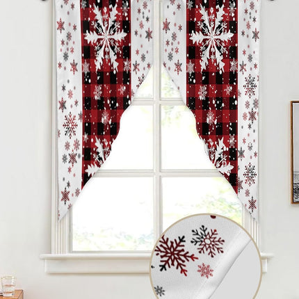 Christmas Curtains Swag Valance Snowflakes Red Black Buffalo Plaid White Rod Pocket Kitchen Curtains Winter Holiday Window Valances Swag Curtains for Christmas Decorations, 1 Pair, 28"W x 36"L