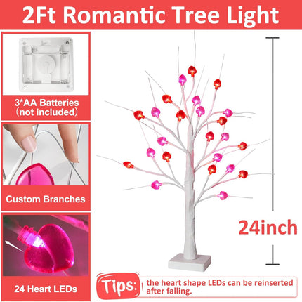 24 Inch Valentine's Day Tree Decorations Tabletop Lighted Birch Tree with 24 Red Pink Heart LED Lights, Battery Operated with Timer Valentines Tree for Home Indoor Party Wedding Decor (2Pack)