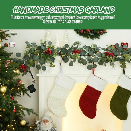 Rocinha 6.3FT Christmas Garland for Decoration, Artificial Pine Eucalyptus Garland, Pre-lit Holiday Greenery Garland, Christmas Garlands for Fireplace Holiday, Indoor & Outdoor Decorations