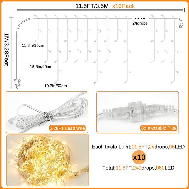 115FT 960LED Icicle Christmas Lights Outdoor 10Pcs Connectable 8 Modes Waterproof Warm White Icicle Lights for Indoor & Outdoor Decorations Christmas Events Christmas Eve Night Decor