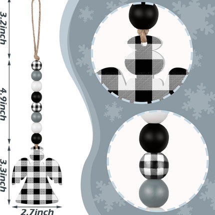 8 Pieces Christmas Tree Ornaments Christmas Buffalo Plaid Hanging Ornaments Wood Bead Garland with Fawn Snowman Angel Bell for Xmas Home Party Decorations(White, Black)