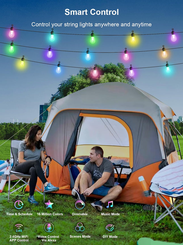 Outdoor String Lights 50FT, RGBW Smart Patio Lights with 54 Scene Modes, Christmas String Lights with 15 Dimmable LED Bulbs, Color Changing Hanging Lights for Party, Backyard Decor