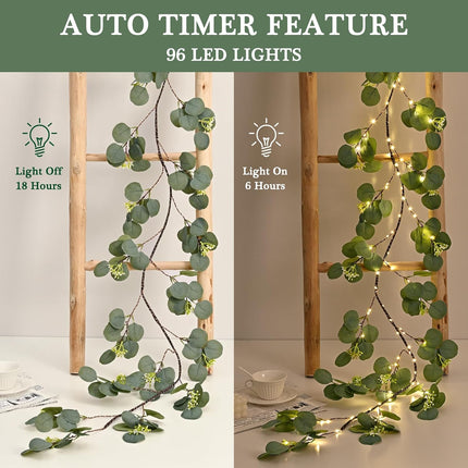 Waipfaru Christmas Decoration Indoor - 6FT Eucalyptus Garland with Timer, Artificial Christmas Greenery Cedar Tree Garland for Mantle Fireplace Outdoor Xmas Decor (Eucalyptus)
