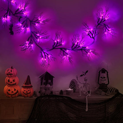 [8 Modes & Timer] 6 Ft 45 LED Halloween Willow Vine Twig Decor Garland Decorations with Purple Lights, Halloween Garland with Battery Operated Waterproof for Home Wall Fireplace Mantle Decorations