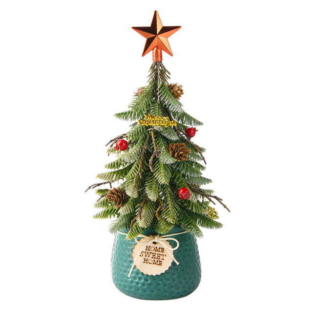 Mini Tabletop Christmas Tree, 14 Inch Artificial Small Xmas Tree with Red Berry, Pine Cone, Fake Greenery for Table Top Office Desk Classroom Room Holiday Christmas Decor(Red Star)