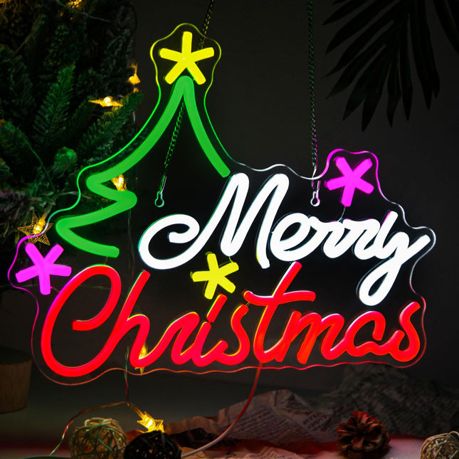 Merry Christmas Neon Sign Dimmable Christmas Tree Neon Signs Vibrant LED Christmas Neon Light up Sign for Wall Decor Window Man Cave Bedroom Wedding Bar Party Year, USB Powered