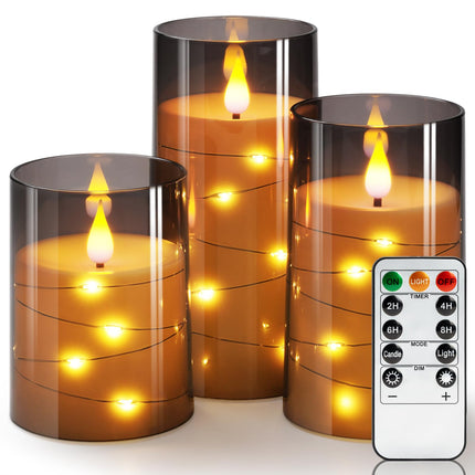 Homemory Flickering Flameless Candles with String Lights, Battery Operated Candles, Embedded String Lights LED Candles, Unbreakable Plexiglass Candles with Remote, Set of 3, Grey