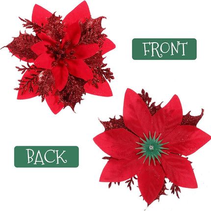 NUOBESTY 12Pcs Christmas Glitter Poinsettia Artificial Flowers, Christmas Wreath Christmas Tree Flowers Ornaments with Clips and Stems for Xmas Wedding Party Wreath (Red)