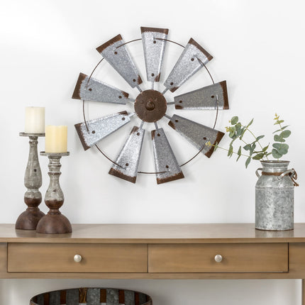 Glitzhome 22" Farmhouse Galvanized Windmill Wall Sculpture Home Decor Rustic Metal Rustic Wall Art Decoration, Silver
