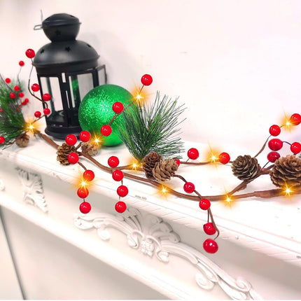 2 Pack Pine Cone Christmas String Lights Christmas Garland, Total 12Ft 40LED Battery Operated Christmas Garland with Lights Timer Red Berry Pinecones Fairy String Lights Xmas Decoration Indoor Outdoor