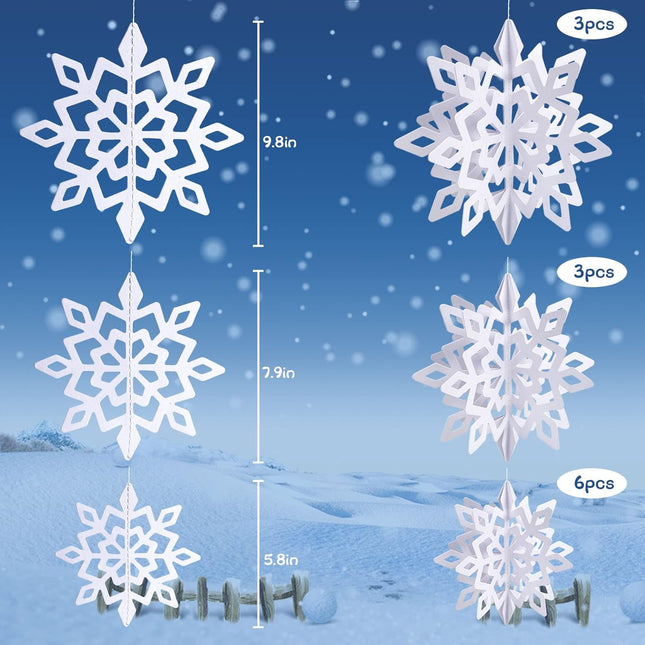 JOHOUSE 12PCS Snowflake Decorations, 3D Paper Snowflake Garland White Hanging Snowflake Ornaments for Winter Christmas Home Decorations