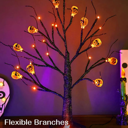 2Pack Halloween Tree, Black Spooky Tree with 24LED Orange Lights and 10 Pumpkin Ornaments Battery Powered 18IN Lighted Halloween Bonsai Tree for Indoor Tabletop Halloween Party Decoration