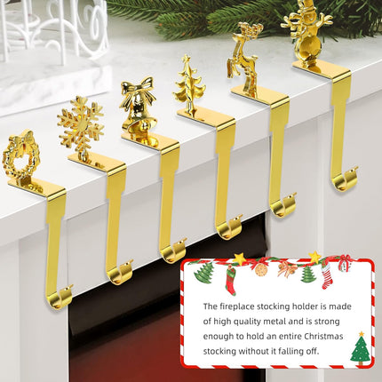 Christmas Stocking Holders - Set of 6 Snowflake, Reindeer, Tree, Snowman, Bell & Wreath for Mantel Decoration Silver Gold