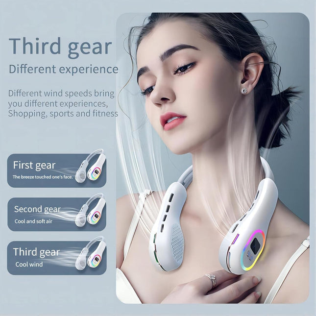 Neck Fan Wearable Hands Free Bladeless Neck Fan Led Colored Light 3 Speed 360° Wind Direction Adjustment Rechargeable Portable