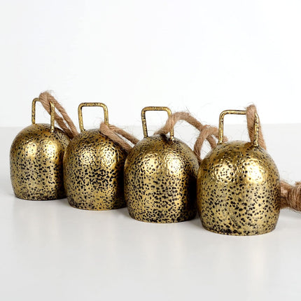 Decorative Bells(2-Piece Set), Tibetan Inspired Meditation Bell, Christmas Decorative Bells with 4 Bells on Jute Hanging Rope, 3" x 2" x 17"