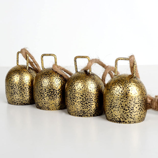 Decorative Bells(2-Piece Set), Tibetan Inspired Meditation Bell, Christmas Decorative Bells with 4 Bells on Jute Hanging Rope, 3" x 2" x 17"