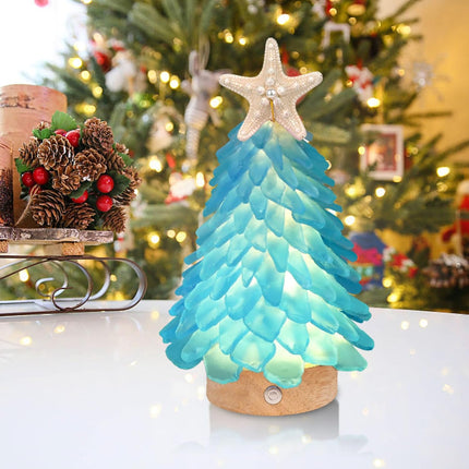 Sea Glass Christmas Tree,8.6 inches Mini Christmas Tree with Lights,Beach Nautical Themed Seaglass Christmas Tree for Table top, Christmas Decorations Indoor,Blue Christmas Tree