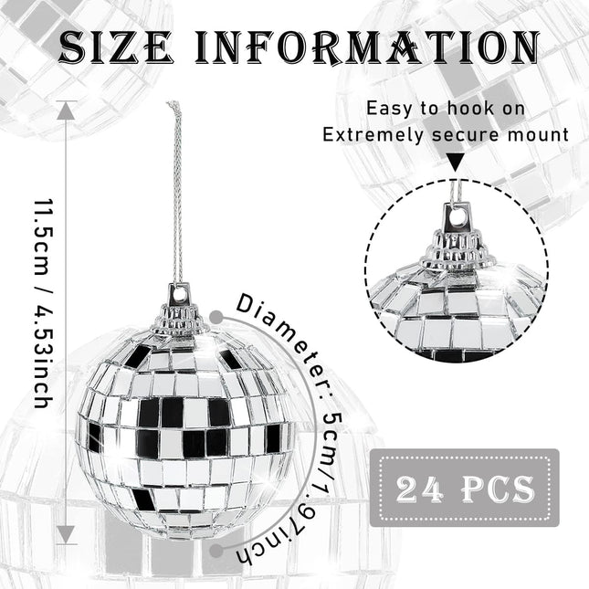 24 Pieces Mirror Disco Ball Ornaments Reflective Mirror Ball 2" Inch Silver Hanging Ball Cake Decoration 70s Disco Themed Party Decoration for Christmas Tree Dance Music Festive Decor