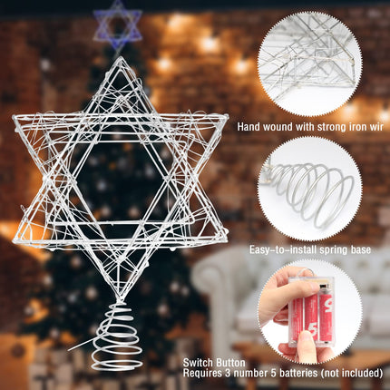 Christmas Tree Star Top Hat Woven Iron Ribbon Blue LED String Lights Battery-Powered Xmas Tree Top Hat Lighting Suitable for Size Christmas Tree Decoration to Celebrate Merry Xmas