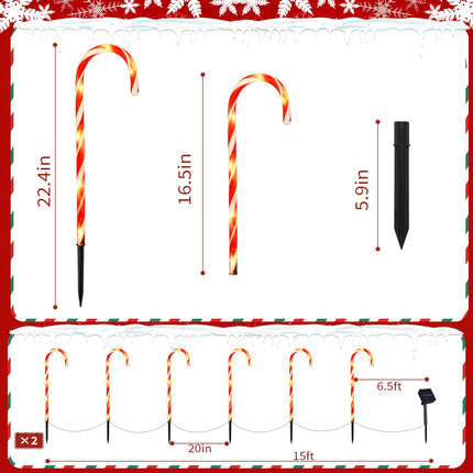 22" Candy Cane Lights Outdoor Pathway 2PK 12 PCS Candy Cane Christmas Decorations 8 Modes Solar Candy Cane Lights Total 15FT Christmas Pathway Lights Outdoor for Xmas Yard Garden Walkway Driveway