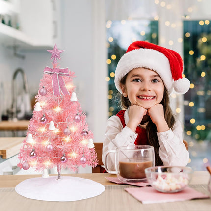 Mini Christmas Tree, 24 inch / 60 cm Artificial Small Christmas Tree with LED Lights/Decorations, Children's Desktop Christmas Tree Christmas Decoration s Christmas Tree Skirt (Pink)