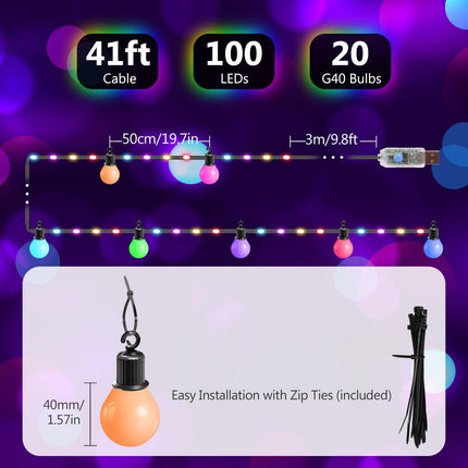 ALOVECO 41ft 100 LED Christmas String Lights Outdoor Indoor USB Plug RGB Color Changing String Lights with 20G40 Bulbs IP65 Waterproof Christmas Lights with Remote for Xmas Tree Camping Patio Yard